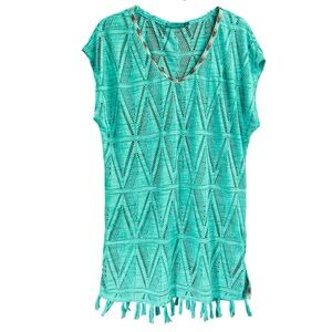 Prana Seabrooke Tunic Swimwear Fringe Mesh Cover Up Caftan Aqua Teal (Size S)